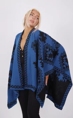 Best deal ✨ Boutique Store Blue And Black Aztec Print Reversible Poncho One Size Fit (10 20) ⌛