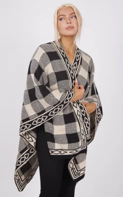 Hot Sale ✨ Boutique Store Beige And Black Check Print Poncho One Size Fit (10 20) 🔥