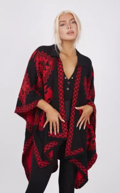 Coupon 💯 Boutique Store Red And Black Aztec Print Reversible Poncho One Size Fit (10 20) 🛒