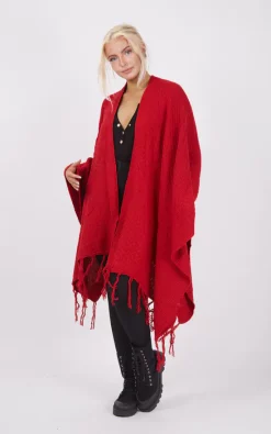 Coupon 👍 Boutique Store Red Knitwear Tassels Poncho One Size Fit (10 18) ⌛