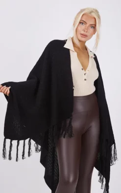 Cheapest 👏 Boutique Store Black Knitwear Tassels Poncho One Size Fit (10 18) ✔️