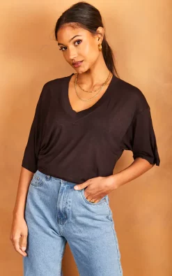 Cheap ✔️ JJXX Longline V Neck T 👕 Shirt In Black 💯