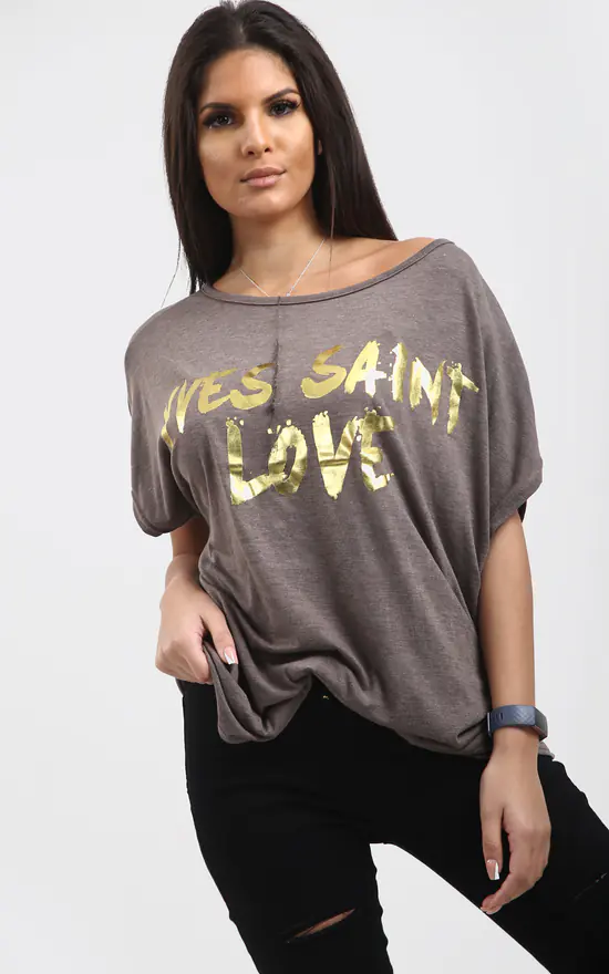 Best deal π€© Oops Fashion Eli Charcoal Grey Relaxed Fit Batwing Tshirt With Gold Slogan Print π₯°