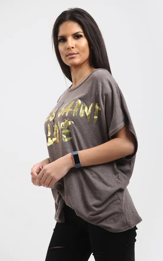 Best deal π€© Oops Fashion Eli Charcoal Grey Relaxed Fit Batwing Tshirt With Gold Slogan Print π₯° - Image 2