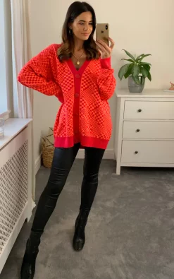 Coupon 👍 Liquorish Chequered Pattern Cardigan In Maroon & Orange 🔔