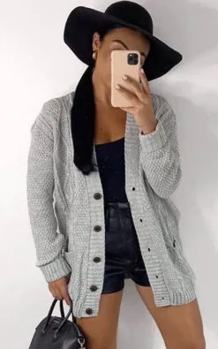 Deals 🥰 GIGILAND UK Grandad Chunky Knit Warm And Cosy Button Up Cardigan Grey 🎁