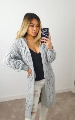 Promo ✨ GIGILAND UK Hooded Long Line Grey Cable Knit Cardigan ✨