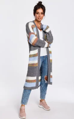 Buy 🛒 MOE Long Open Front Cardigan In Grey Multi Stripe 🎉