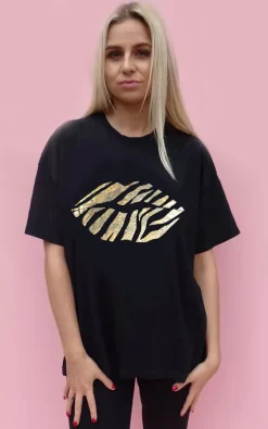 Best deal 👏 Sade Farrell Gold Holographic Zebra Lip Print T 👕 Shirt In Black 👏