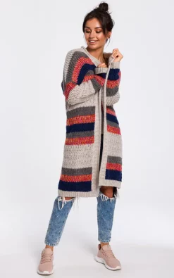 Coupon 😀 MOE Long Open Front Cardigan In Beige Multi Stripe 🤩