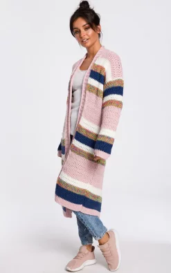 Best Pirce 🧨 MOE Long Open Front Cardigan In Pink Multi Stripe ✔️