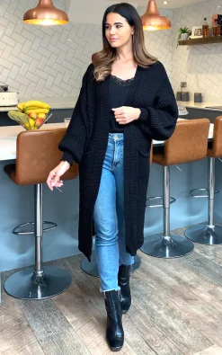 Top 10 💯 Blue Vanilla Mia Longline Double Pocket Knitted Cardigan In Black 🛒