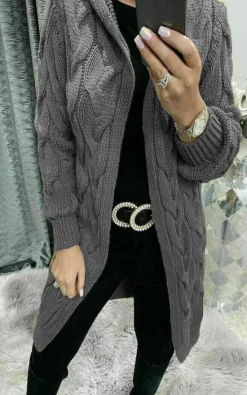 Promo 👏 GIGILAND UK Hooded Long Line Charcoal Grey Cable Knit Cardigan ⭐