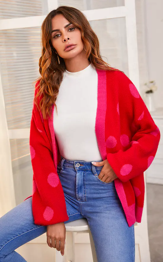 Best reviews of ๐ฅฐ FS Collection Chic Pink Polka Dot Pattern Cardigan Top In Red ๐