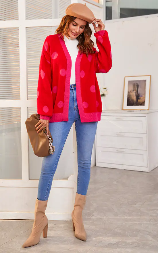 Best reviews of ๐ฅฐ FS Collection Chic Pink Polka Dot Pattern Cardigan Top In Red ๐ - Image 2