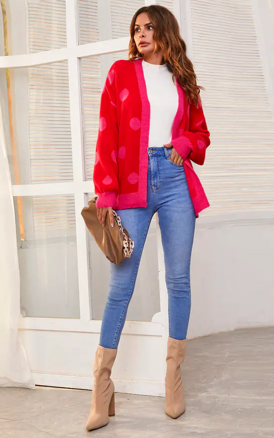 Best reviews of ๐ฅฐ FS Collection Chic Pink Polka Dot Pattern Cardigan Top In Red ๐ - Image 3