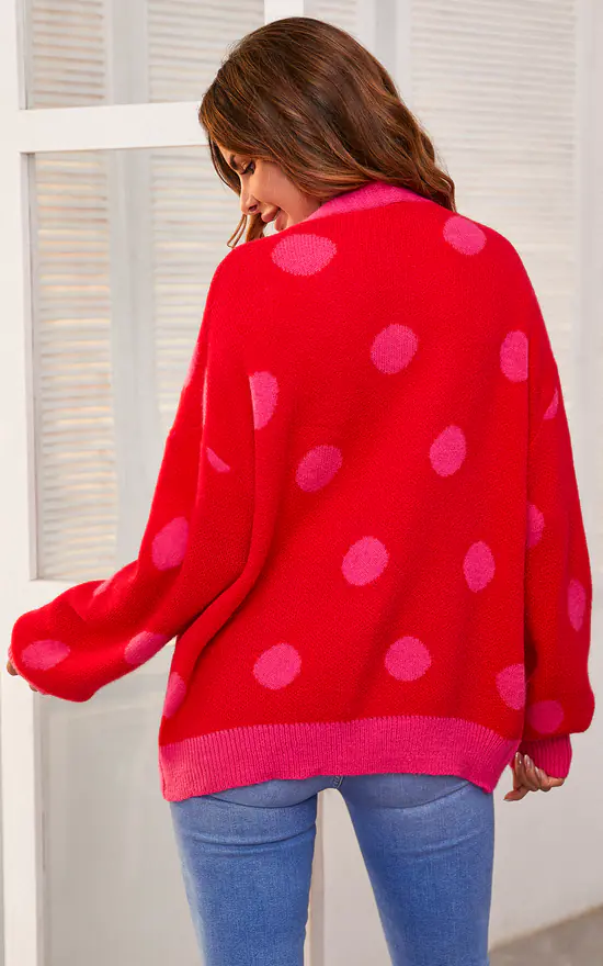 Best reviews of ๐ฅฐ FS Collection Chic Pink Polka Dot Pattern Cardigan Top In Red ๐ - Image 4