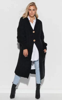 Promo 🛒 Makadamia Black Long Cardigan Fastened With Buttons 🎉