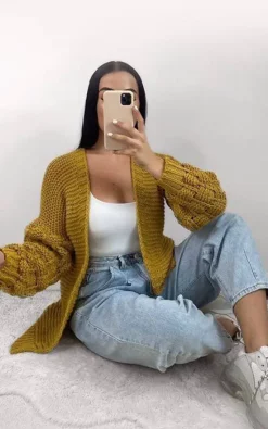 Budget 🤩 GIGILAND UK Mustard Yellow Large Knit Bobble Cardigan 🔥