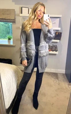 Best reviews of 🥰 CY Boutique Faux Fur Embllished With Sequin Design Oversized Cardigan In Grey ⌛