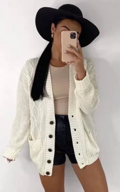 Coupon 🥰 GIGILAND UK Grandad Chunky Knit Warm And Cosy Button Up Cardigan Cream 🥰
