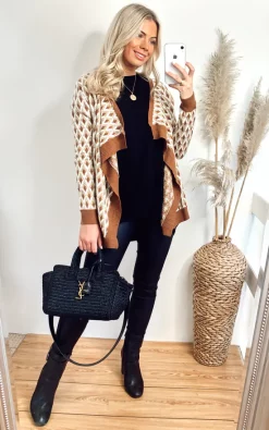 Top 10 🤩 CY Boutique Long Sleeve Waterfall Cardigan With Metallic Geometric Print In Brown 🌟