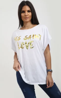 Buy 👏 Oops Fashion Plus Eli White Relaxed Fit Batwing Tshirt With Gold Slogan Print ⌛