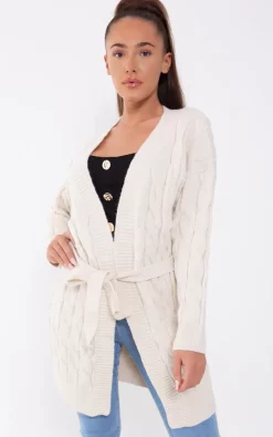 Best Sale 🔔 Boutique Store Beige Cable Knit Belted Cardigan 👏