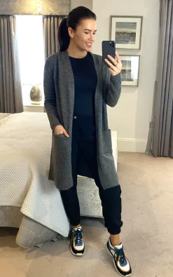 Hot Sale 🔥 Pieces Long Sleeve Knitted Longline Cardigan In Dark Grey 🎁