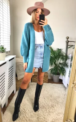 Buy 😉 Yumi Blue Knitted Long Cardigan With Pocket 🔔