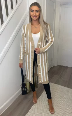 Cheap 👍 Miss Floral Striped Button Front Long Cardigan With Pocket In Beige 🔔