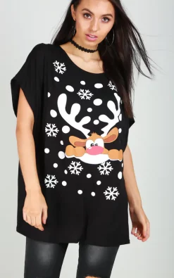 Best deal 🤩 Oops Fashion Black T 👕 Shirt In Reindeer 🎄 Christmas Print 🎁