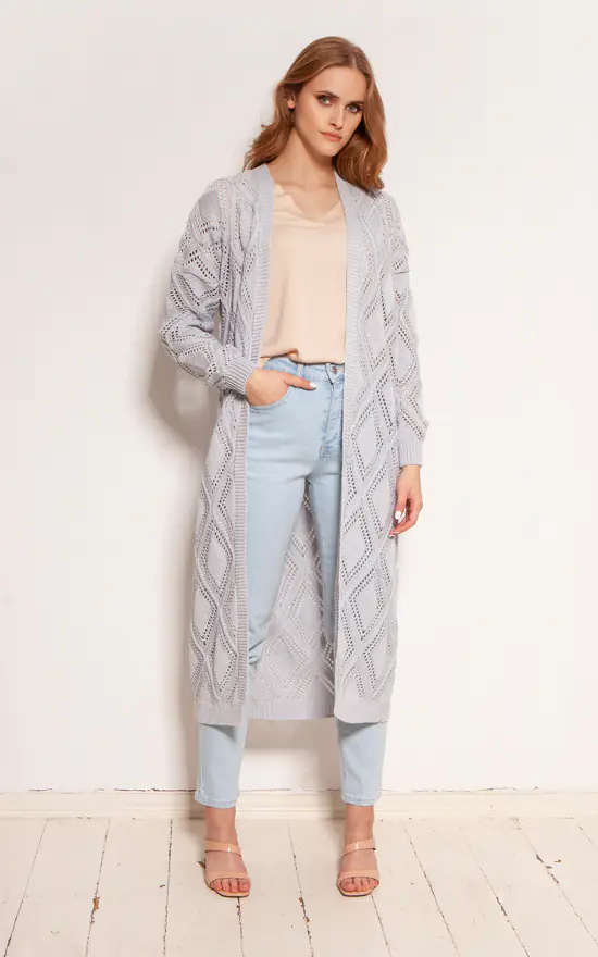 Budget ๐ Lanti Long Cardigan With Open Front In Grey โ๏ธ