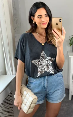 Hot Sale 🔥 Kit And Kaboodal St Erne Leopard Star Tee In Marl Charcoal ✔️