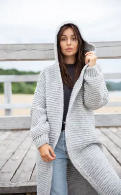 Top 10 ⭐ MOE Long Hooded Cardigan Tied At Waist In Grey 🧨