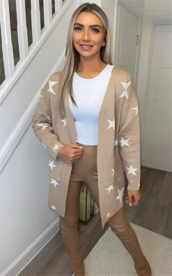 Discount 🛒 Miss Floral Star Open Front Cardigan With Pocket In Beige 🎁