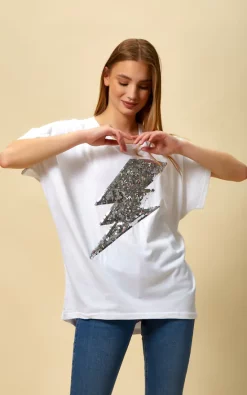 Outlet 🛒 HOXTON GAL Sequin Flash Detailed Top Relaxed Fit In White 😍