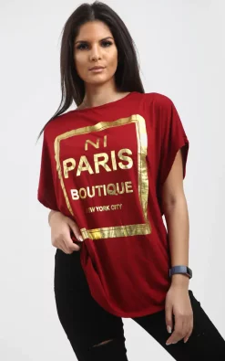 Coupon 🛒 Oops Fashion Maisie Wine Oversized Tshirt With Gold Foil Paris Slogan ✔️