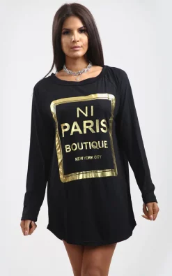 Deals 🎉 Oops Fashion Sammi Black Long Sleeve Top With Gold Foil Paris Slogan 👍