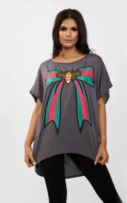 Wholesale 🥰 Oops Fashion Charcoal Batwing Oversized Tshirt With Graphic Print Bow 👍
