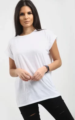 Cheap ⭐ Oops Fashion Roll Sleeve Oversized Jersey T 👕 Shirt In White 🎁