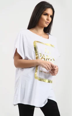 Best reviews of ๐ Oops Fashion Maisie Gold Foil Paris Slogan Baggy Top In White โ๏ธ