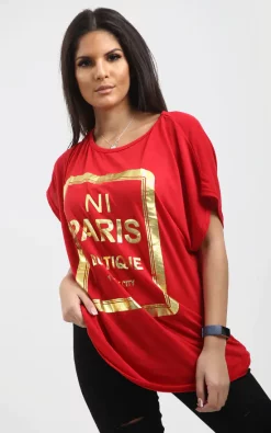 Best deal ✨ Oops Fashion Maisie Red Oversized Tshirt With Gold Foil Paris Slogan ⌛