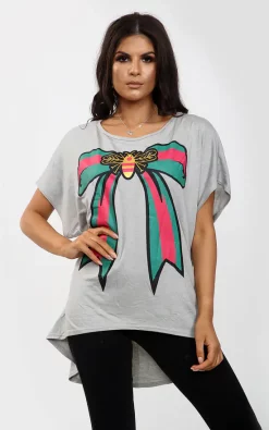Hot Sale 😉 Oops Fashion Grey Batwing Oversized Tshirt With Graphic Print Bow 😍