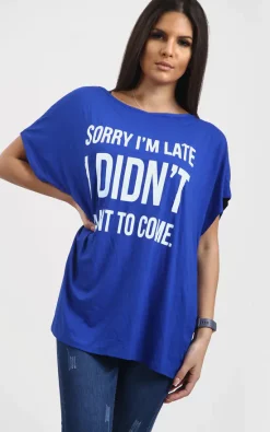 Wholesale 🎉 Oops Fashion Royal Blue Off Shoulder Oversized Tshirt With Slogan Print 🥰