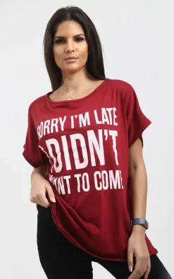 Hot Sale 🔔 Oops Fashion Wine Red Off Shoulder Oversized Tshirt With Slogan Print 🎁