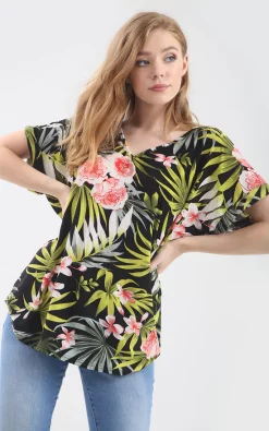 Budget 🛒 Oops Fashion Oversized Roll Sleeve T 👚 Shirt In Green Tropical Print 🎁