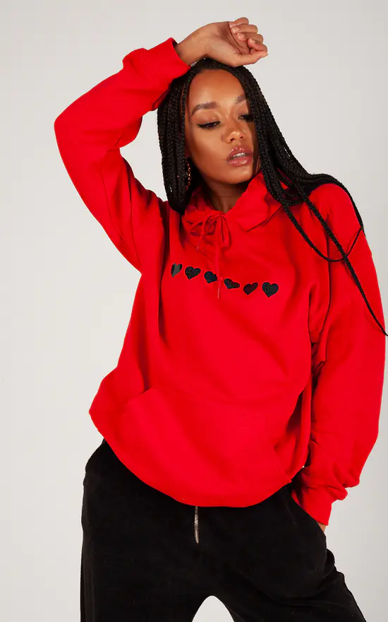 Discount โจ Lime Blonde Oversized Hoodie In Red With Black Glitter Hearts ๐