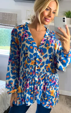 Promo 💯 KURT MULLER Funky Animal V Neck Pleated Blouse In Blue 🛒
