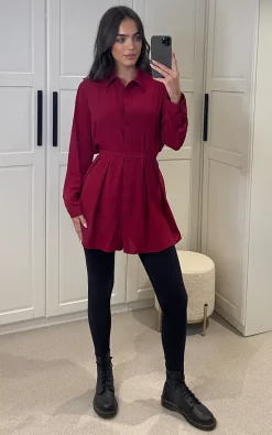 Cheap 💯 HOXTON GAL Oversized Long Slevees Pleated 👕 Shirt Top With Matching Belt In Burgundy 🛒